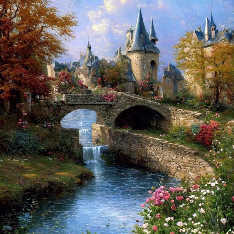 Medieval castle with stone bridge, waterfall, and autumn trees.