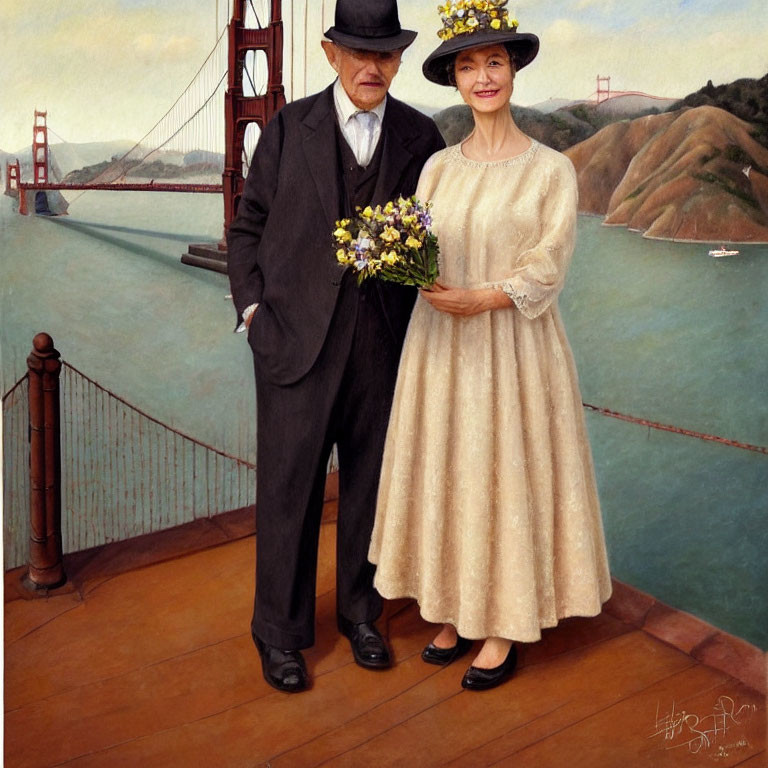 Elderly couple in vintage attire with bouquet at Golden Gate Bridge