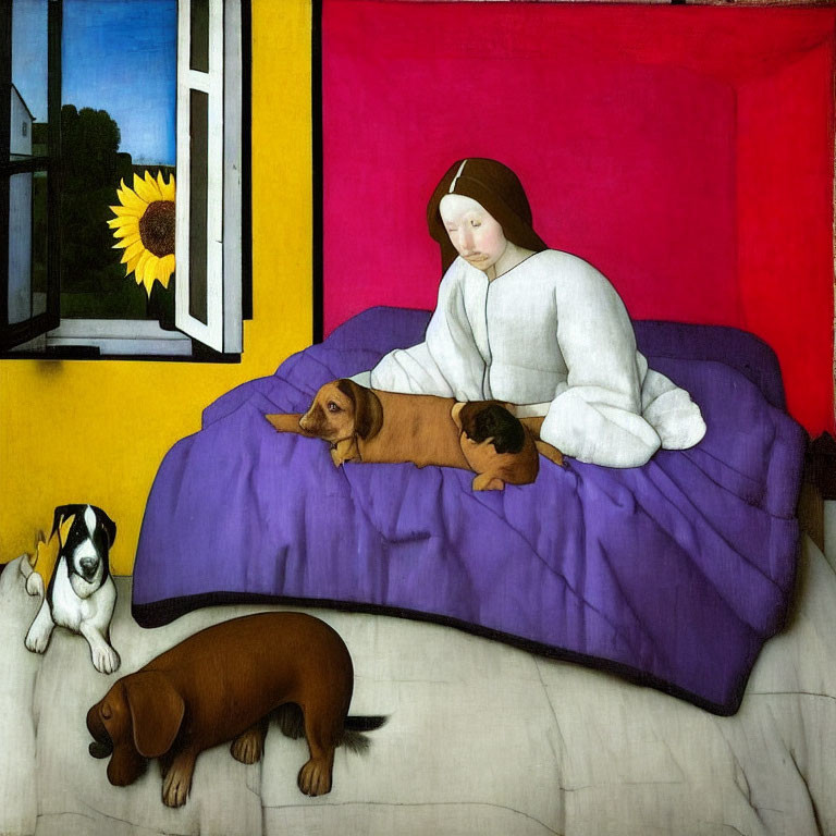 Woman in white pajamas on purple bed with three dogs and sunflower in background