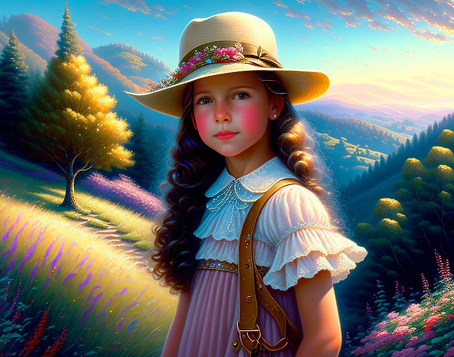 Girl in mountain meadow with tree
