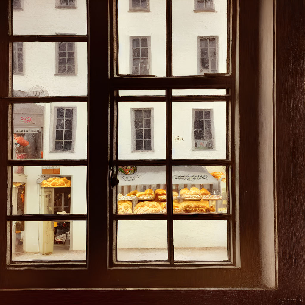 Windowpane Divided: Building & Bakery Reflections