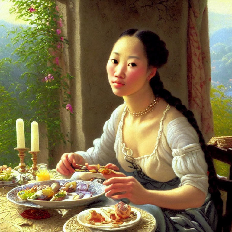 Historical woman at table with food and candles in serene setting