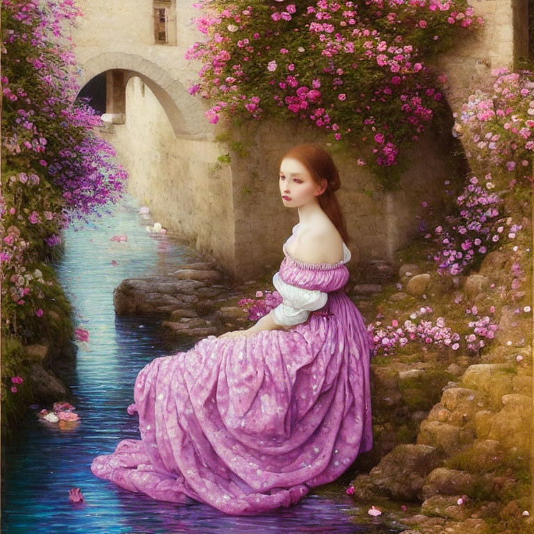 Woman in flowing purple gown by serene waterway with stone walls and blooming flowers