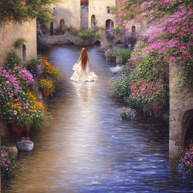 Woman in white dress wading through serene waterway surrounded by stone buildings and lush flora under soft light