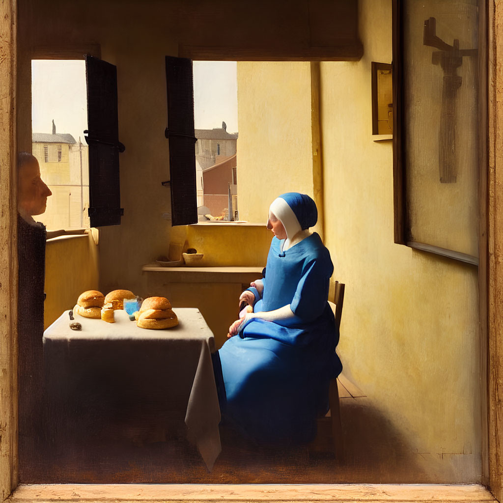 Woman in blue dress with headscarf at table with bread, conversing in warmly lit room.