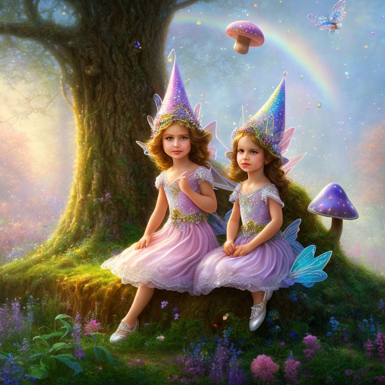 Enchanted forest scene: Two girls as fairies under tree with mushrooms, flowers, rainbow.