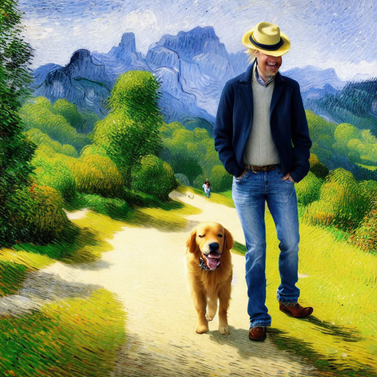 Man with hat smiling with golden retriever on scenic pathway amid green hills and mountains