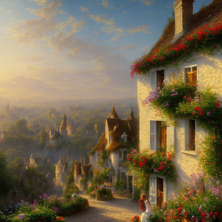 Picturesque village scene at sunset with stone house and vibrant flowers.