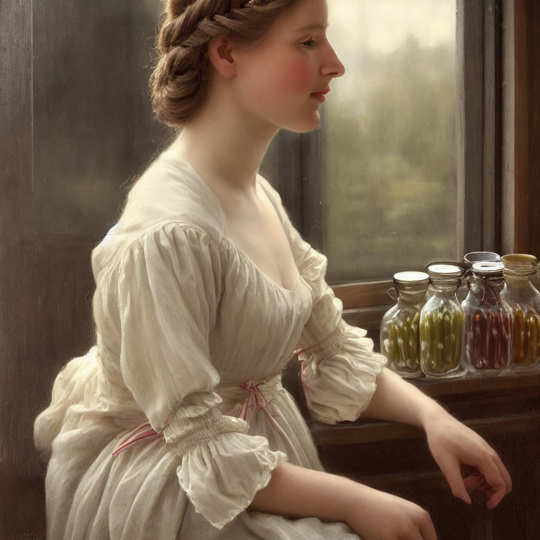 Woman in period clothing with braided updo by window with colorful preserves jars
