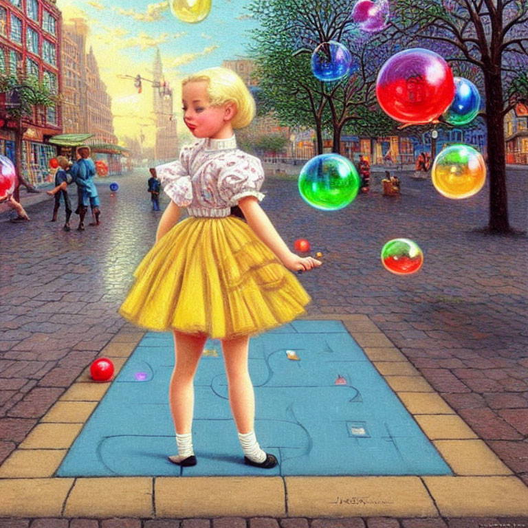 Young girl playing hopscotch surrounded by colorful bubbles in city scene