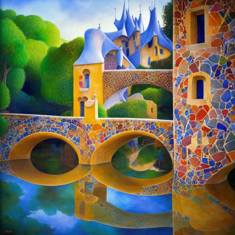 Colorful Fantasy Castle Painting with Blue Spires and Stone Bridge