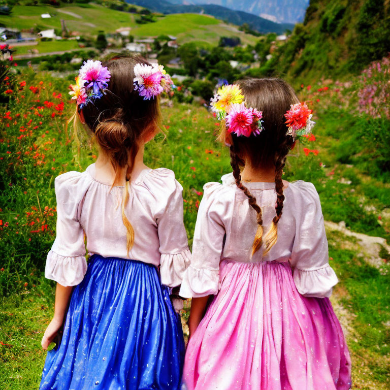 Two Girls with Braided Hair and Flower Adornments in Pastel Dresses in Mountain Field