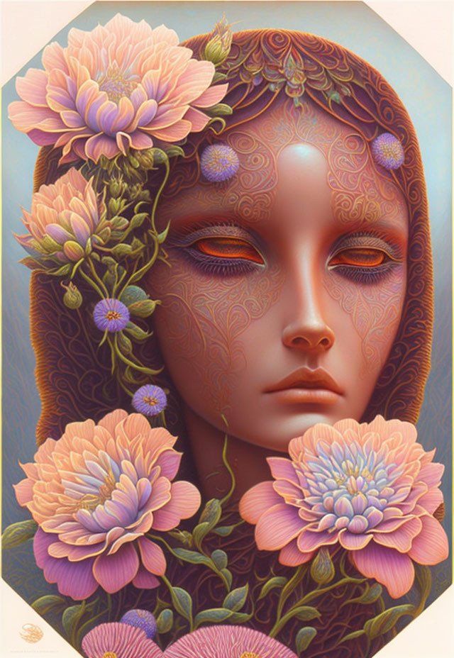 Surreal female figure with pink flowers and ornate patterns on ochre background