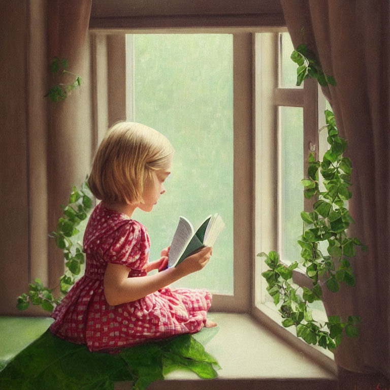 Child reading book on windowsill surrounded by green foliage
