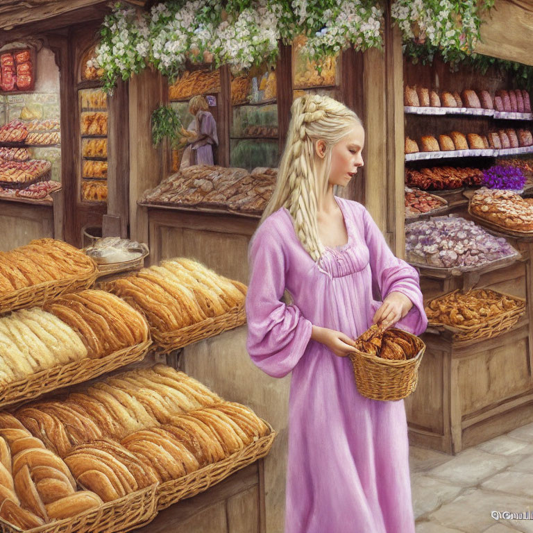 Woman in Purple Dress Standing in Cozy Bakery with Bread Loaves and Pastries