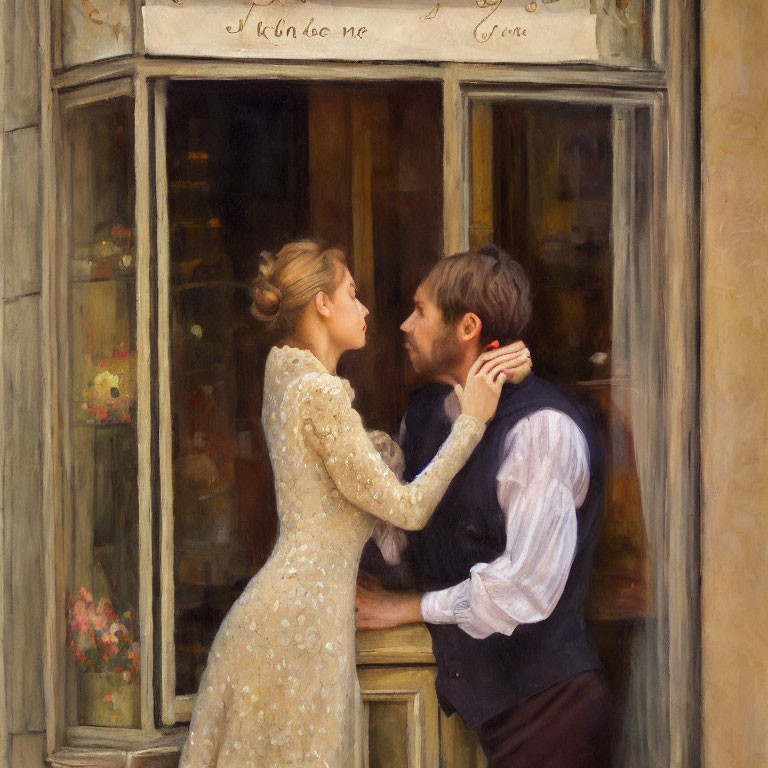 Romantic painting of couple embracing near window with handwritten text