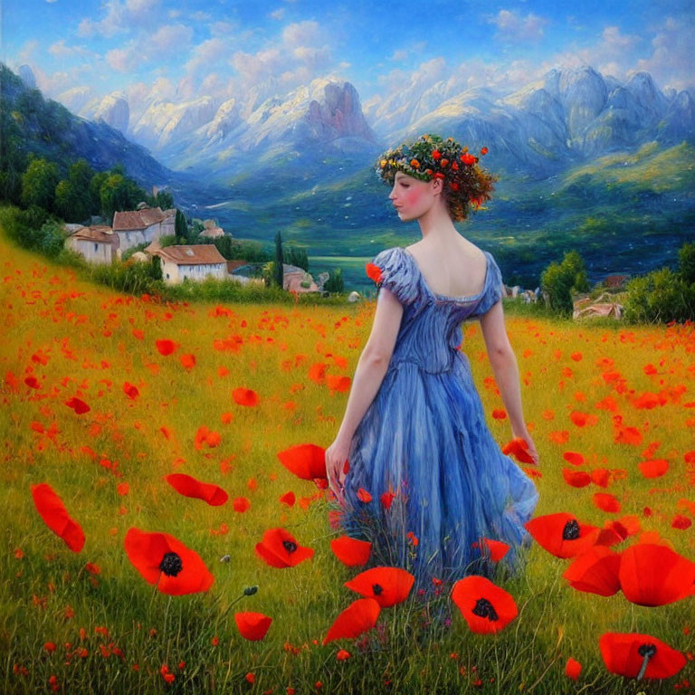 Woman in Blue Dress with Flower Crown in Vibrant Poppy Field