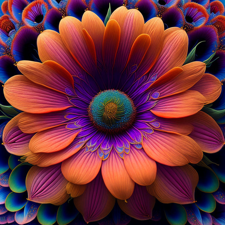 Vibrant Orange Flower with Spiral Center on Blue Fractal Background