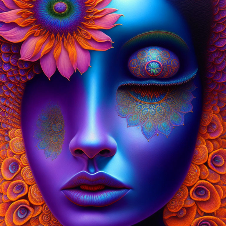 Colorful digital artwork: Blue face with intricate patterns, orange and purple flowers.