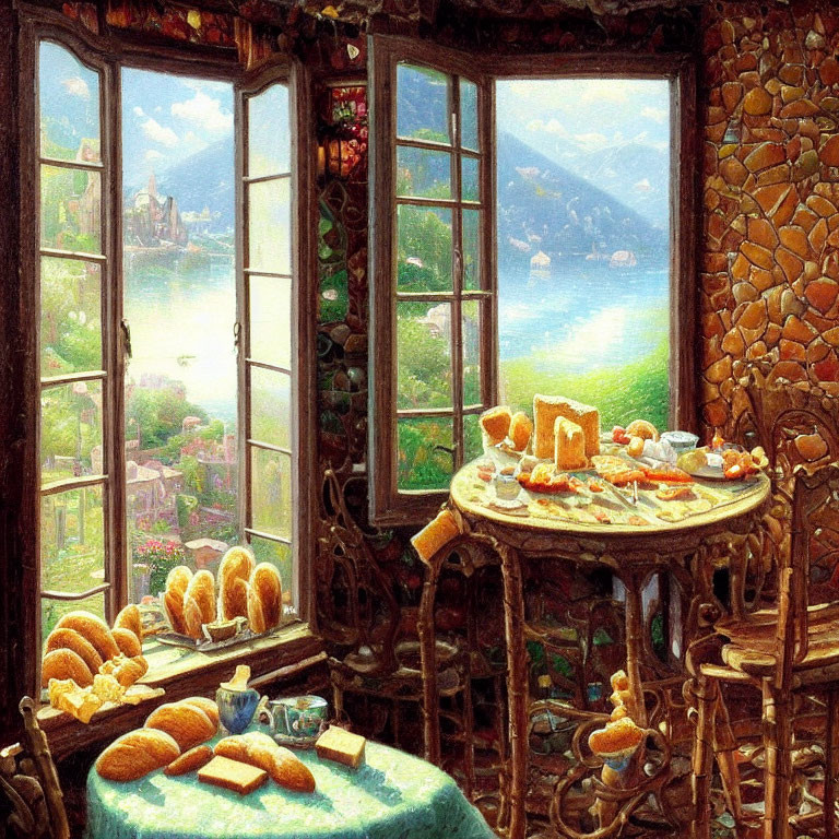 Serene Lake View Room with Stone Wall and Bread Table