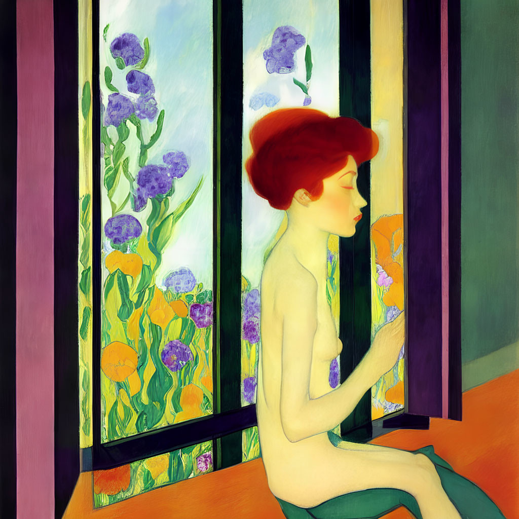 Vibrant stylized painting of nude red-haired woman by window