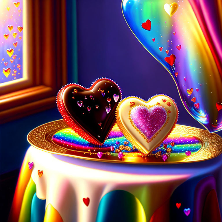 Colorful Heart-shaped Cookies on Magical Cloth with Floating Hearts and Glitter