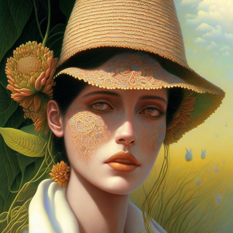 Detailed Portrait of Woman with Golden Facial Patterns and Straw Hat in Nature Setting