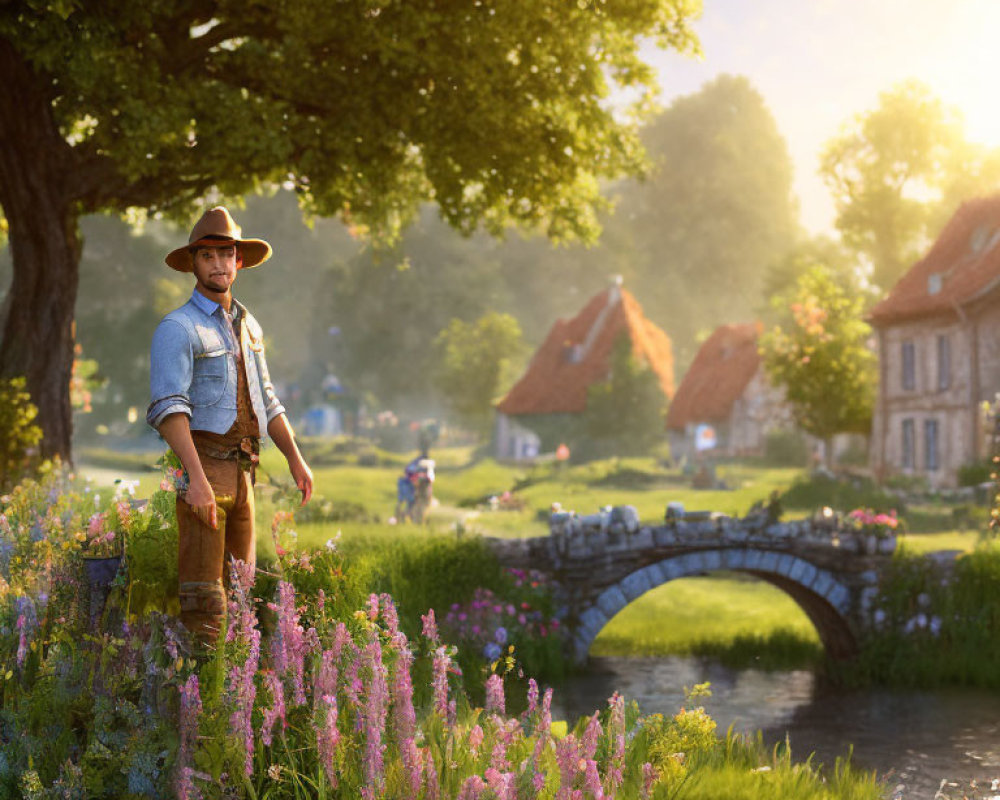 Man in cowboy hat by river with stone bridge and cottages in background