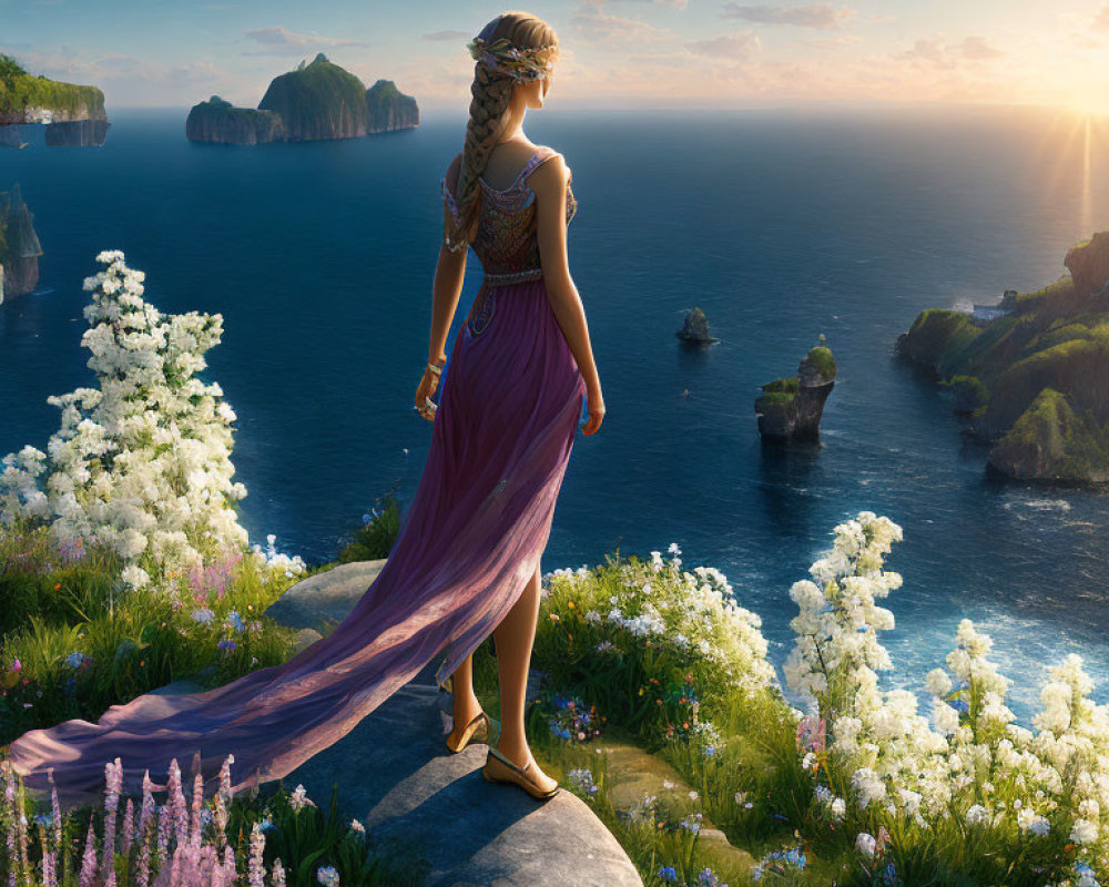 Woman in Purple Gown Overlooking Ocean Sunset with White Flowers