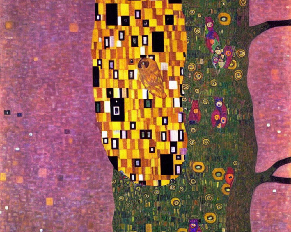 Colorful Pointillistic Tree and Owl Art in Mosaic Style