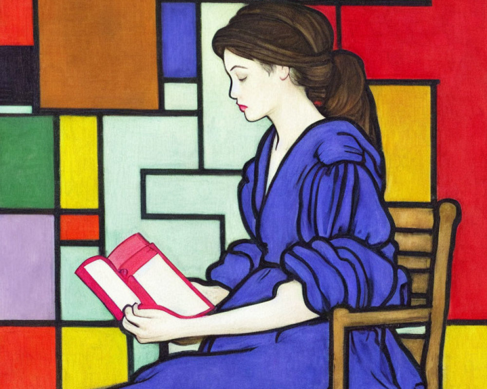Woman in Blue Dress Reading Book Against Colorful Geometric Background