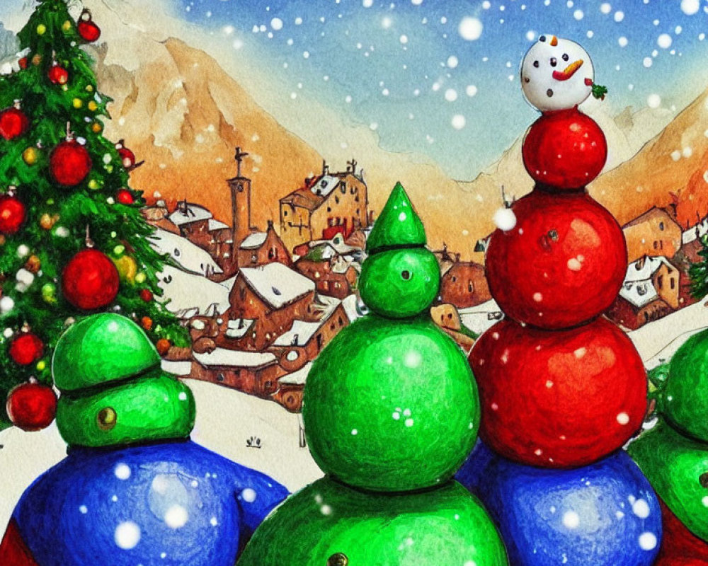 Vibrant snowman and green trees in Christmas village scene