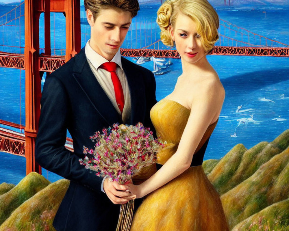 Stylized portrait of couple in blue suit and yellow dress at Golden Gate Bridge