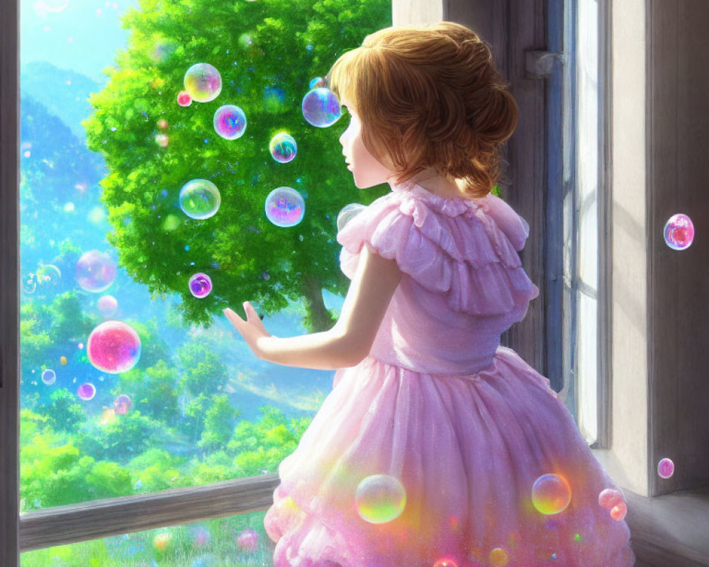 Young girl in pink dress reaching for floating bubbles by sunny window overlooking green tree