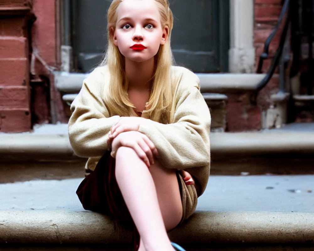 Girl in beige sweater and blue shoes sitting on doorstep, chin on knee, looking up