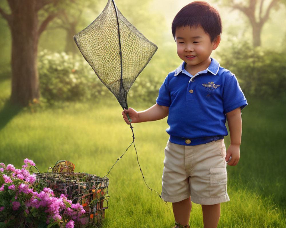 Child in sunlit field with butterfly net and flowers basket.