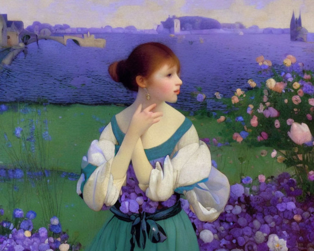 Young woman in traditional dress surrounded by purple flowers near serene lake and town - idyllic painting-like