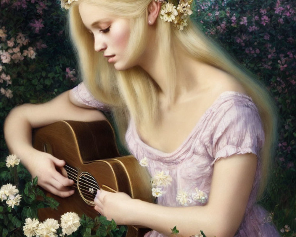 Blonde Woman with Floral Crown Playing Guitar Among Flowers