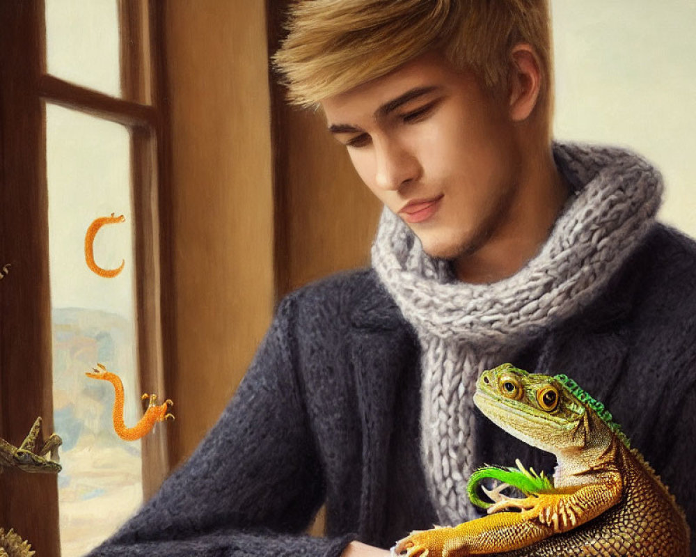 Blond young man with gray scarf gazes at notebook with colorful lizards.