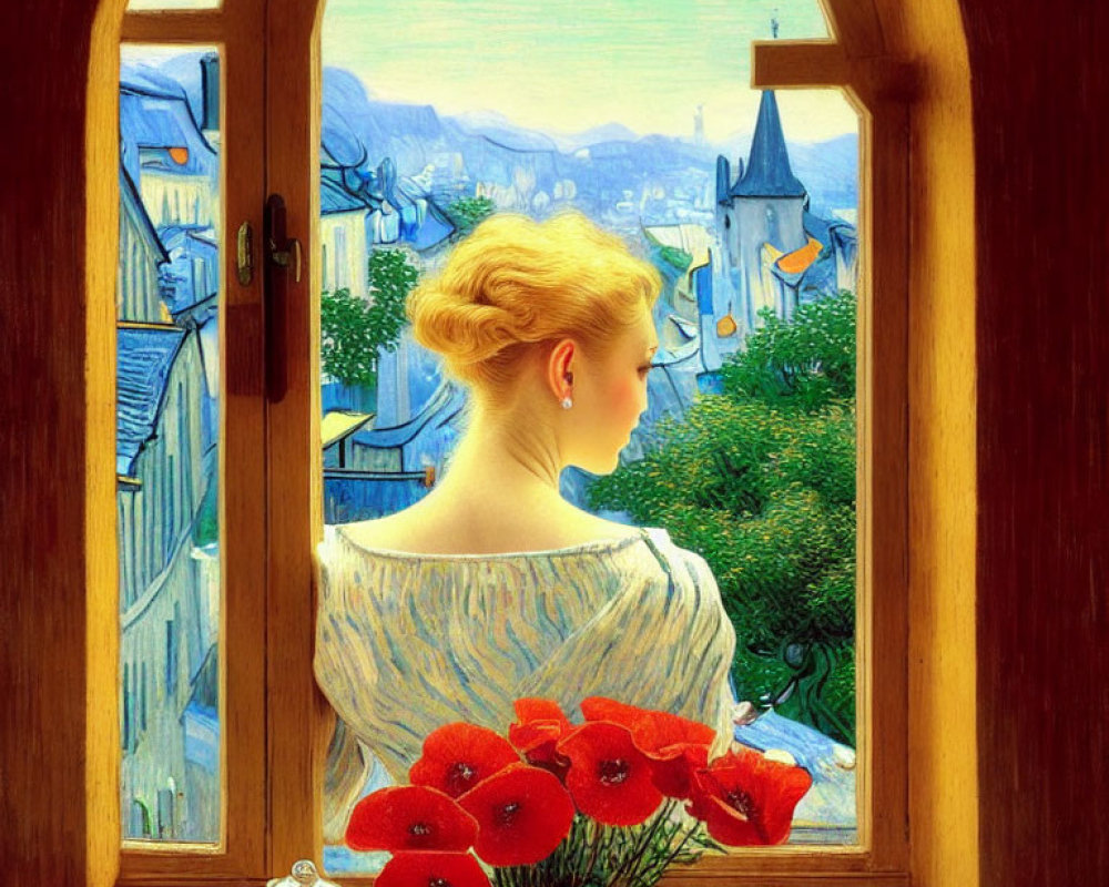 Woman in yellow dress looking out window at village with red poppies