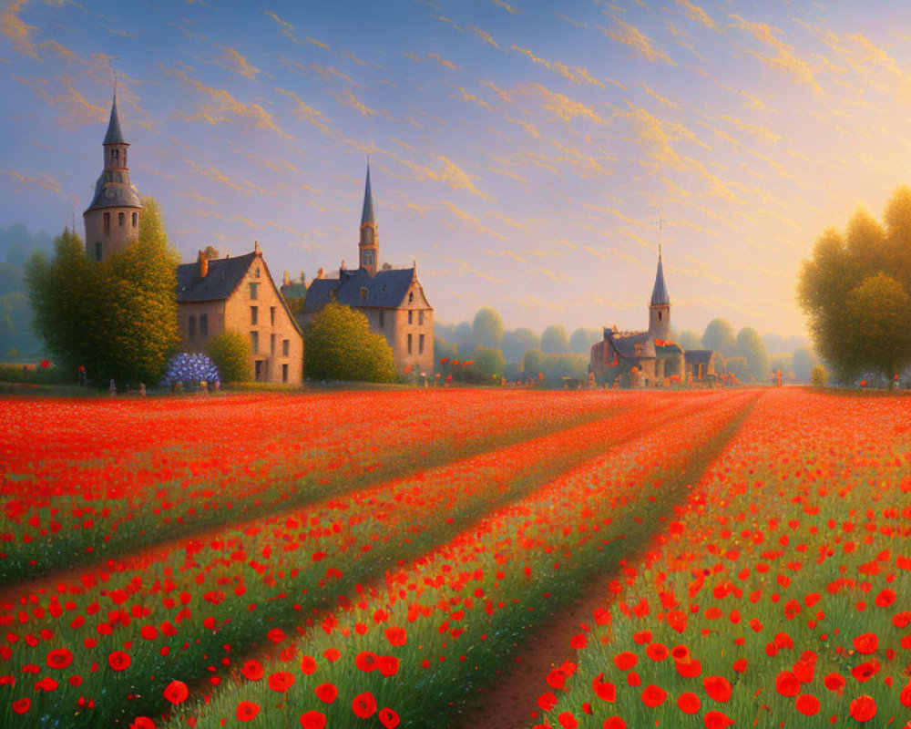 Scenic red poppy field and historic village under sunset sky