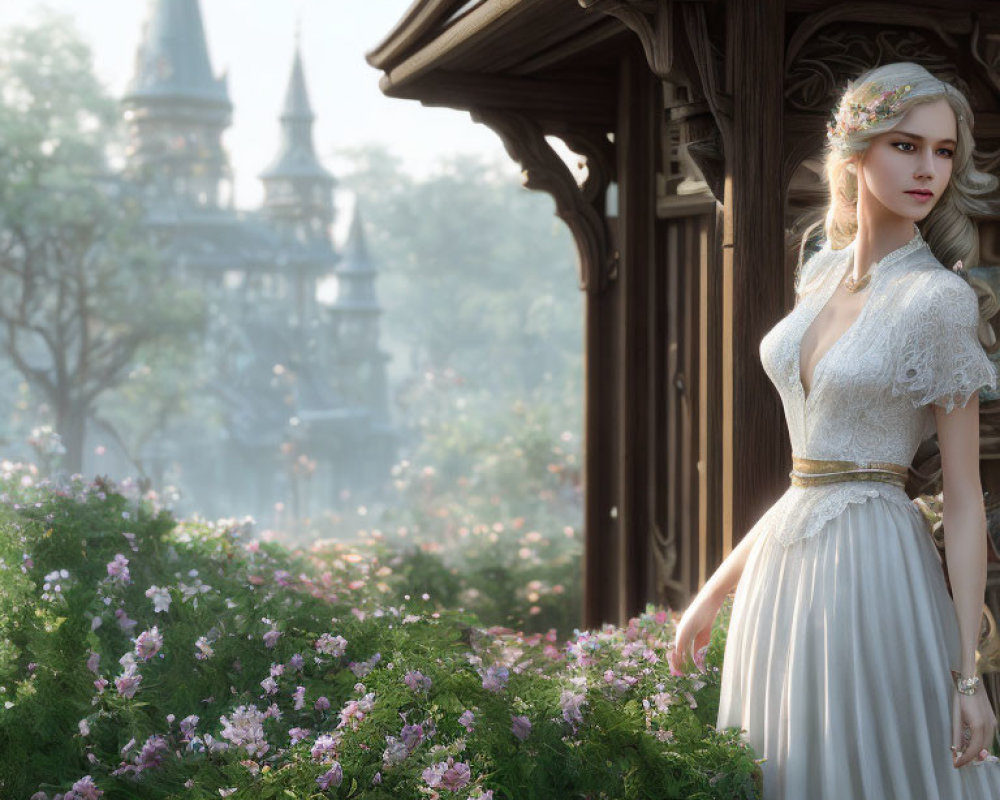 Woman in vintage dress near wooden gazebo with pink flowers and castle in misty background