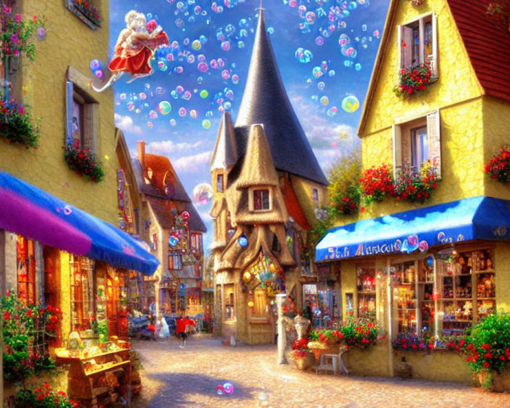 Colorful village street with flowers, bubbles, and Santa flying on sleigh