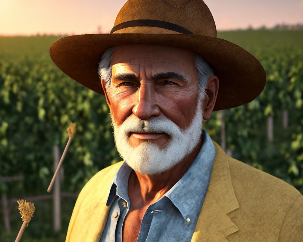 Elderly man with white beard in hat in vineyard at sunset