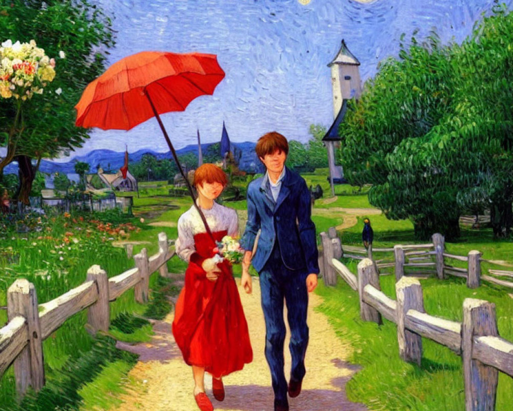 Digital artwork featuring anime characters in a Van Gogh-inspired scene