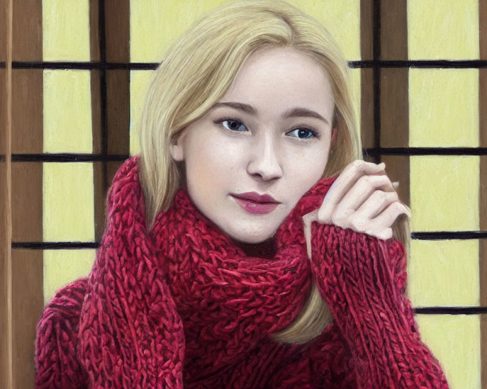 Blonde Woman in Red Scarf Against Yellow-lit Window