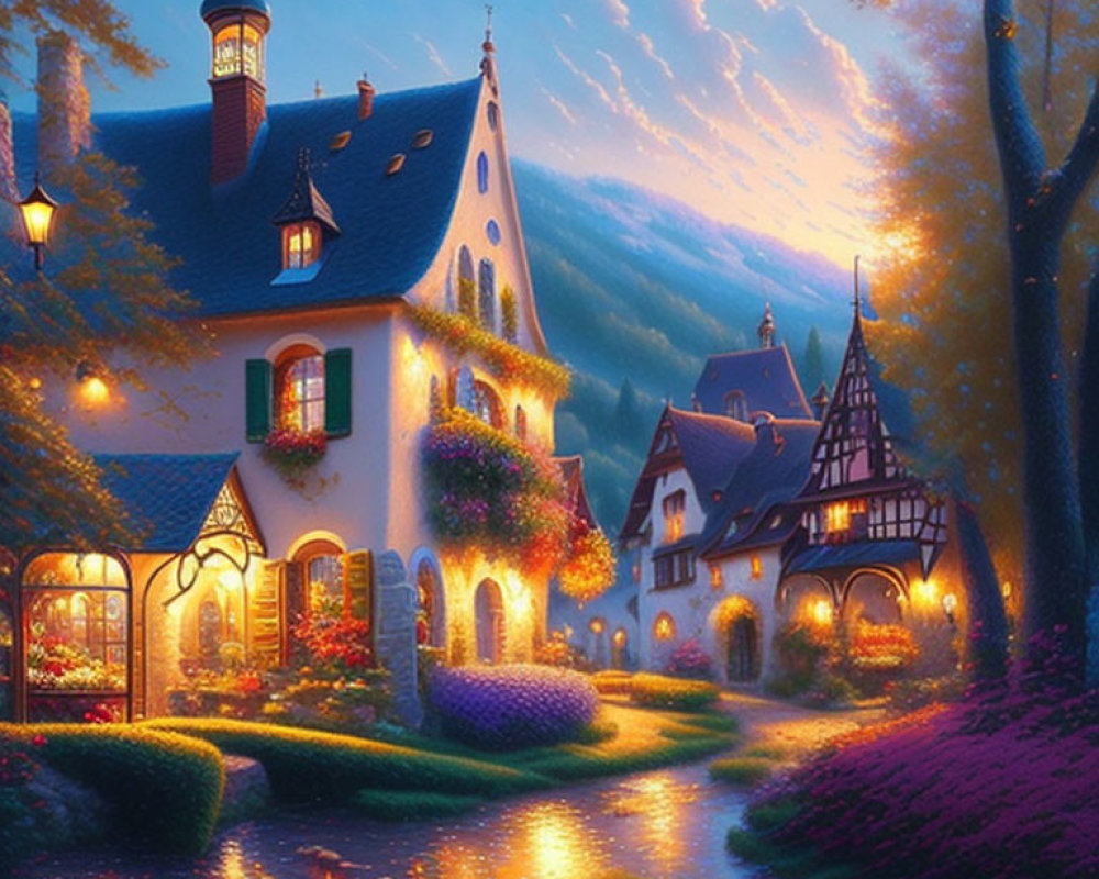 Charming village scene with traditional houses and glowing lights