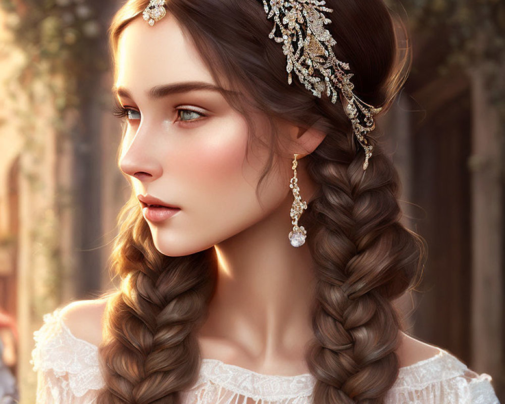 Braided hair with jeweled headpiece, teardrop earrings, lace dress.