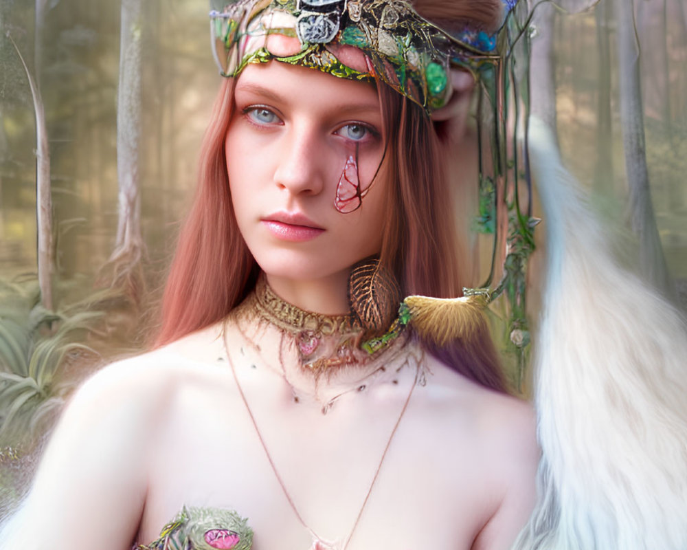 Red-haired young woman in fantasy attire with Celtic knot headband and leaf-like jewelry in ethereal forest