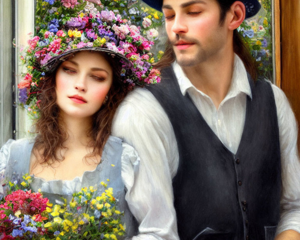 Young couple in romantic painting with woman in floral hat and man in beret.